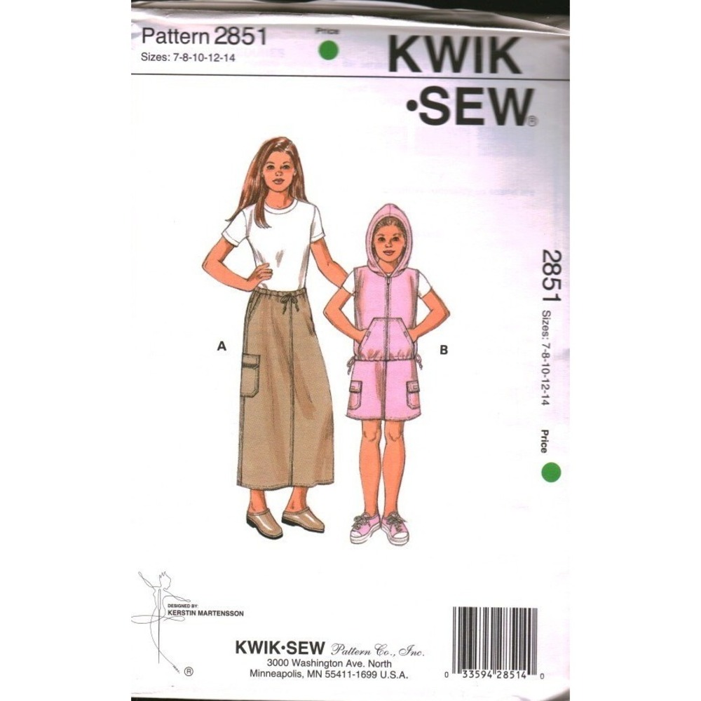 Kwik‎ Sew 2851 Girls Cargo Skirt Hooded Vest Sewing Pattern Sizes 7-8-10-12-14